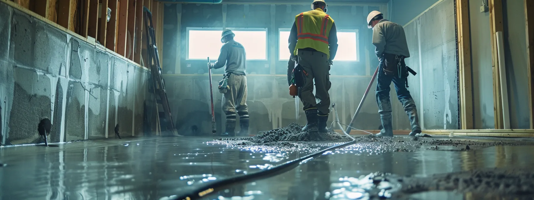 a bright and organized basement showcases a contractor in safety gear applying hydraulic cement to cracks in the exposed concrete walls, while another expertly installs a french drain, capturing the essence of professional emergency waterproofing services in action.