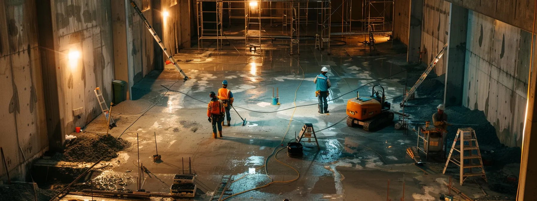 a brightly lit basement showcases contractors in safety gear expertly applying waterproofing membranes, sealing cracks with hydraulic cement, and meticulously installing a french drain along the perimeter, all set against the backdrop of exposed concrete walls and flooring.