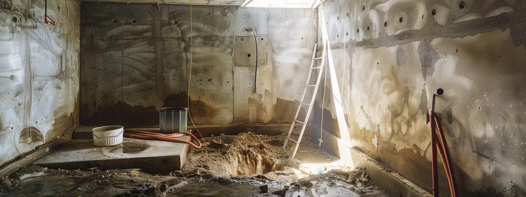 a well-lit, professional basement showcases the waterproofing process with exposed concrete walls, as a contractor seals cracks with hydraulic cement and another installs a french drain, highlighting the urgent response to water damage indicators.
