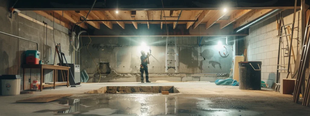 a well-lit residential basement showcases the waterproofing process with exposed concrete walls, where a contractor in safety gear diligently seals cracks with hydraulic cement while another installs a french drain, with a sump pump poised for installation, creating a clean and professional workspace.