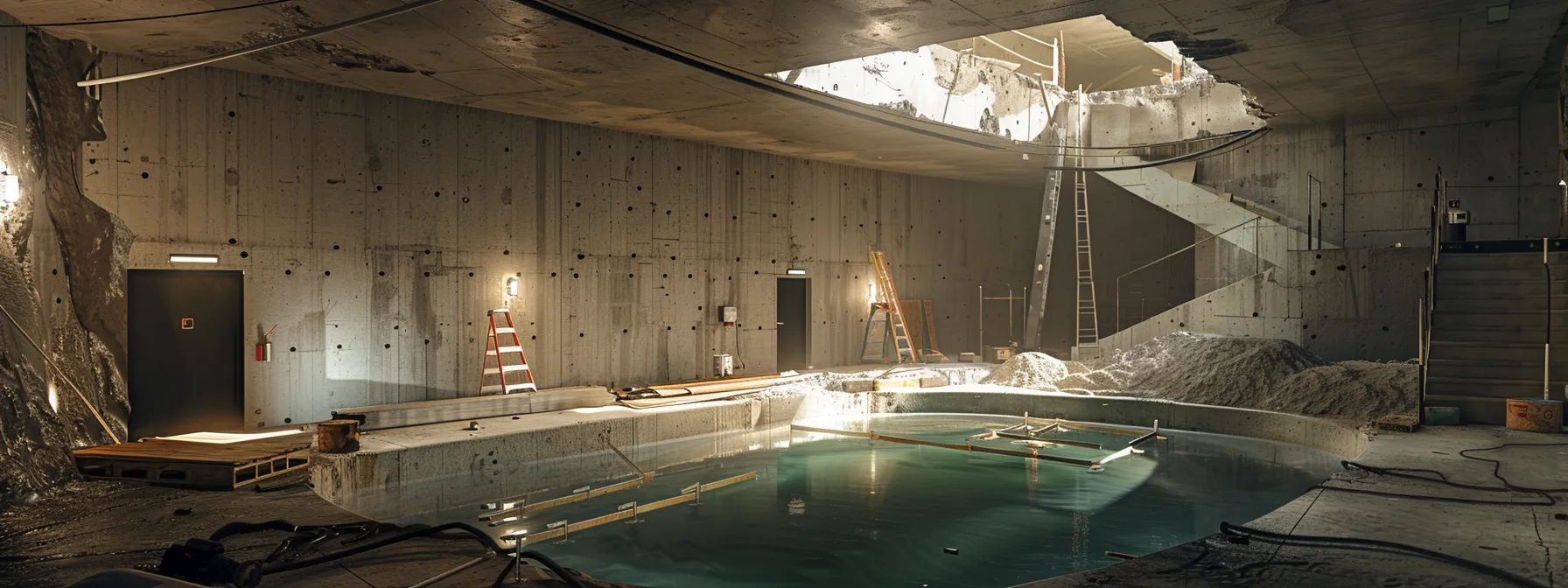 a well-lit basement scene showcases the meticulous waterproofing process, featuring exposed concrete walls as contractors skillfully apply hydraulic cement to cracks and install a french drain, emphasizing the importance of preventive measures for long-term home integrity.