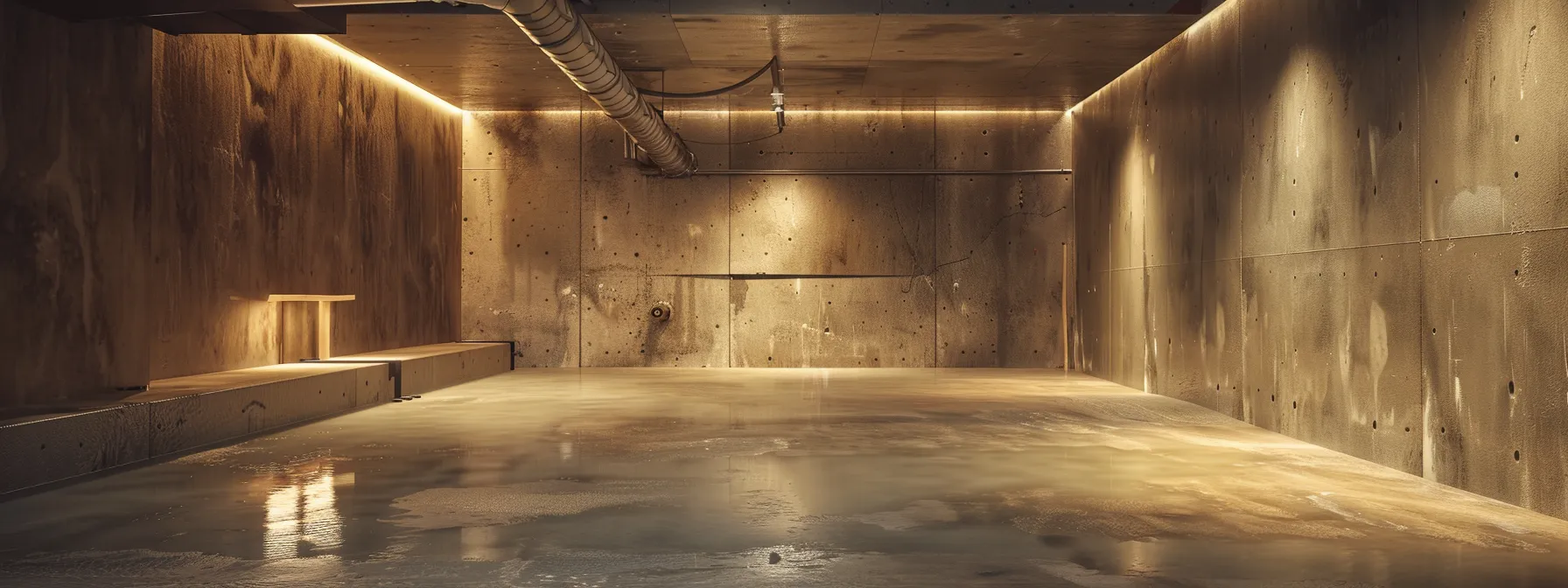 a well-lit basement showcases a professional waterproofing process, featuring exposed concrete walls as contractors apply waterproofing membranes and install a french drain, illustrating the critical protection against water damage.