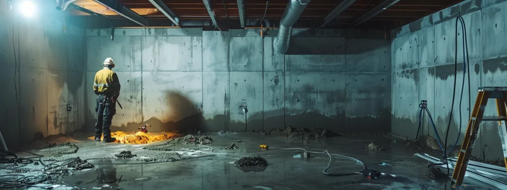 a well-lit basement showcases a contractor in safety gear applying waterproofing membranes to exposed concrete walls while sealing cracks with hydraulic cement, creating a clean, professional environment ready for enhanced water protection.