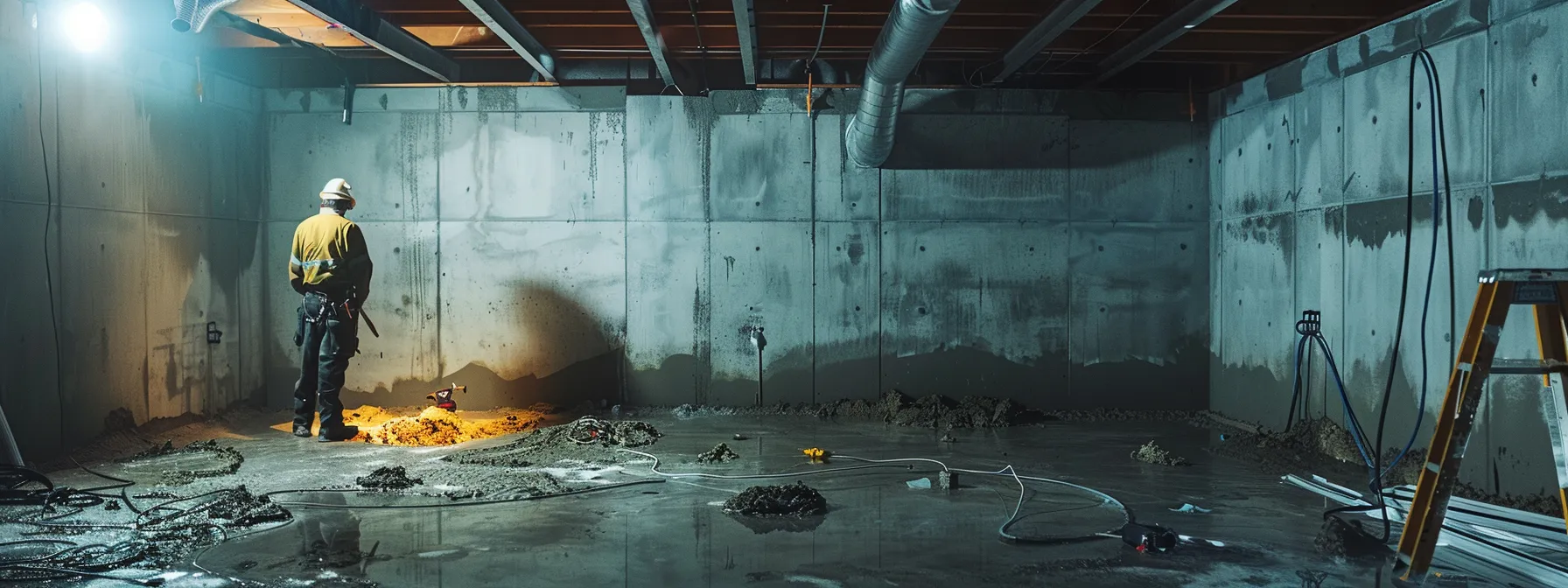 a well-lit basement showcases a contractor in safety gear applying waterproofing membranes to exposed concrete walls while sealing cracks with hydraulic cement, creating a clean, professional environment ready for enhanced water protection.