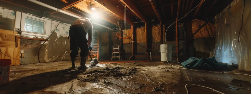 a well-lit residential basement showcases a contractor in safety gear expertly sealing cracks with hydraulic cement while waterproofing membranes are being applied, highlighting the transformative process of emergency waterproofing services in springfield, ma.