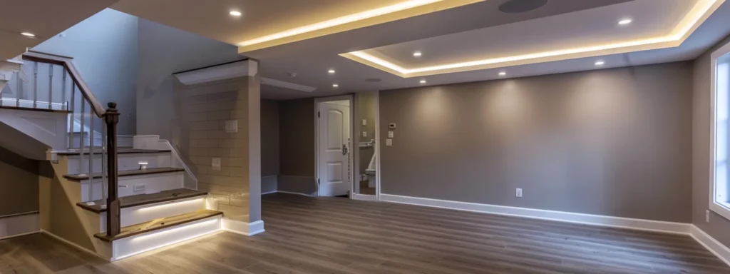 a sleek, modern basement with pristine waterproofing features prominently displayed, illuminated by bright overhead lights, showcases the transformative impact of affordable waterproofing services in an urban springfield interior.