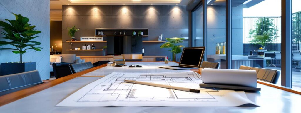 a sleek, modern office with a professional contractor presenting a blueprint and waterproofing materials to a client, emphasizing expertise and trust in local waterproofing services.