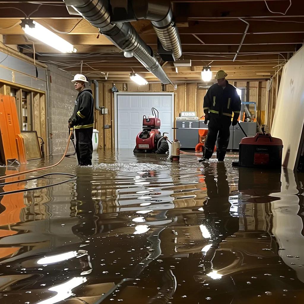 Emergency waterproofing team extracting water from a flooded basement