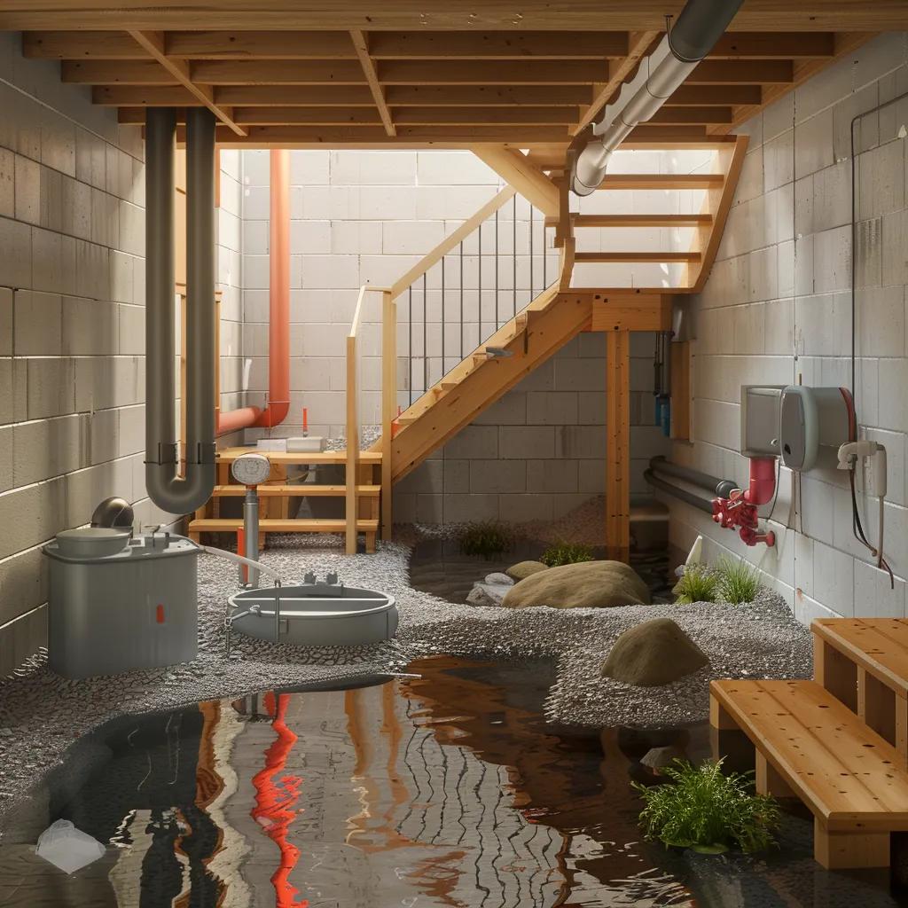 Effective foundation drainage solutions in a dry basement showcasing French drain and sump pump systems