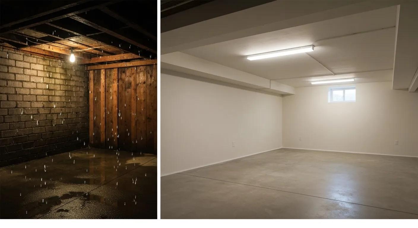 Before-and-after comparison of a damp basement and a dry, clean basement