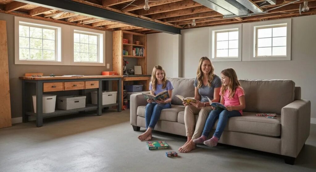Family enjoying a dry and secure basement, highlighting the benefits of basement sealing