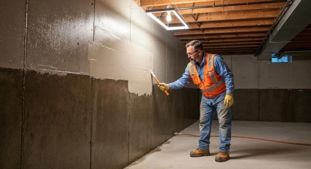Professional basement waterproofing technician applying sealant in a well-lit basement