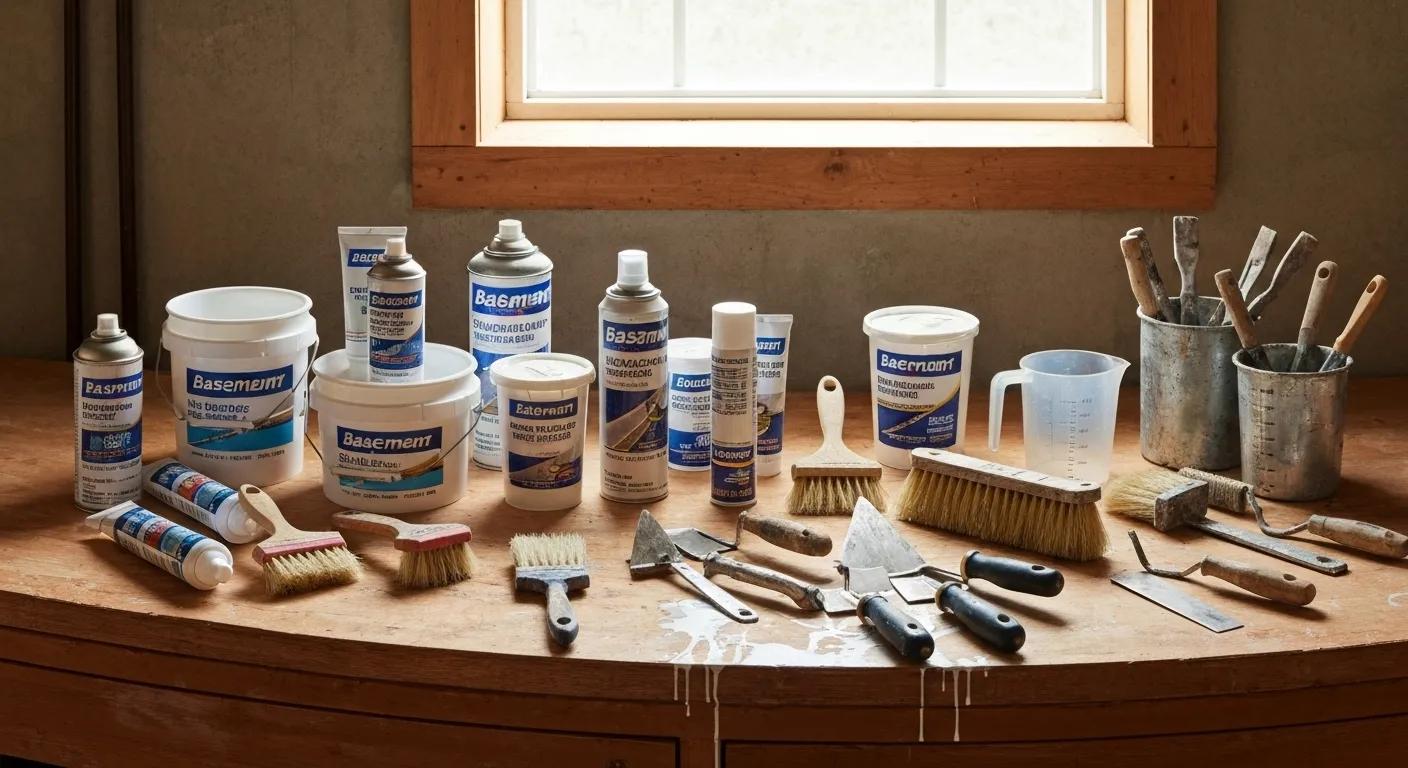 Various types of basement sealants displayed on a workbench with tools