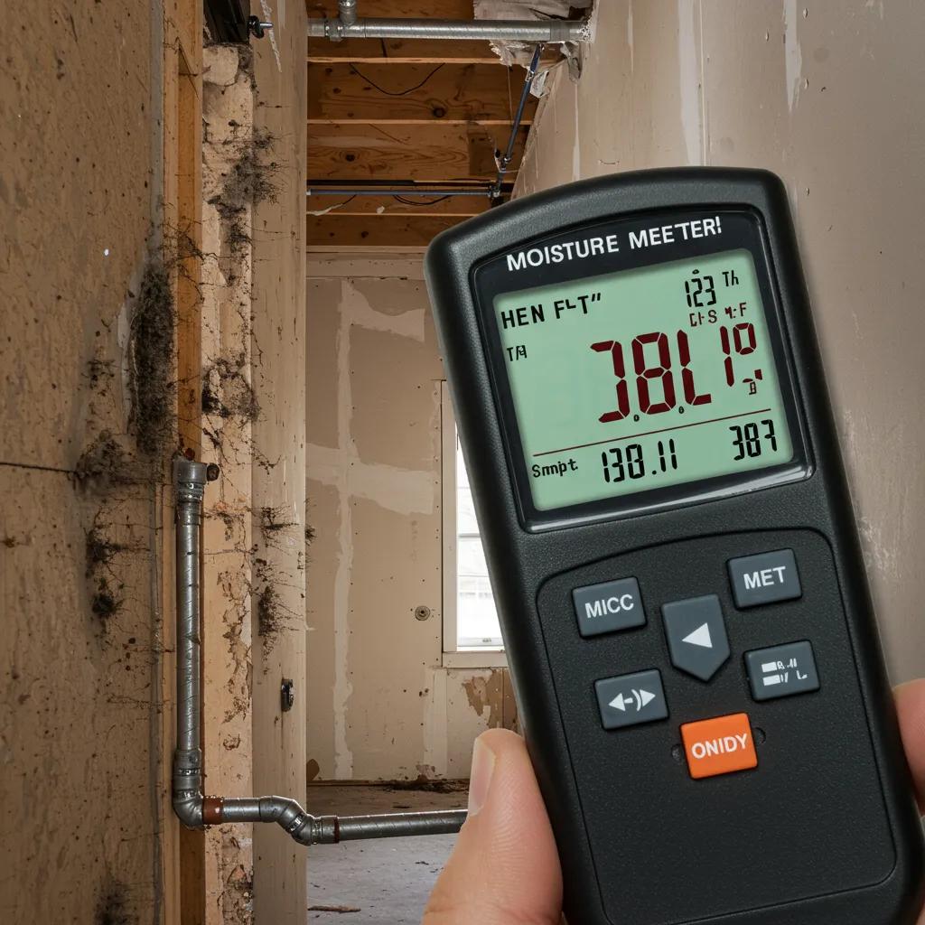 Close-up of moisture meter showing high readings on drywall, indicating potential mold growth