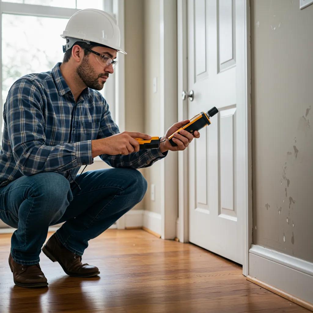 Professional water damage assessor inspecting a home with moisture meter and visible water damage signs